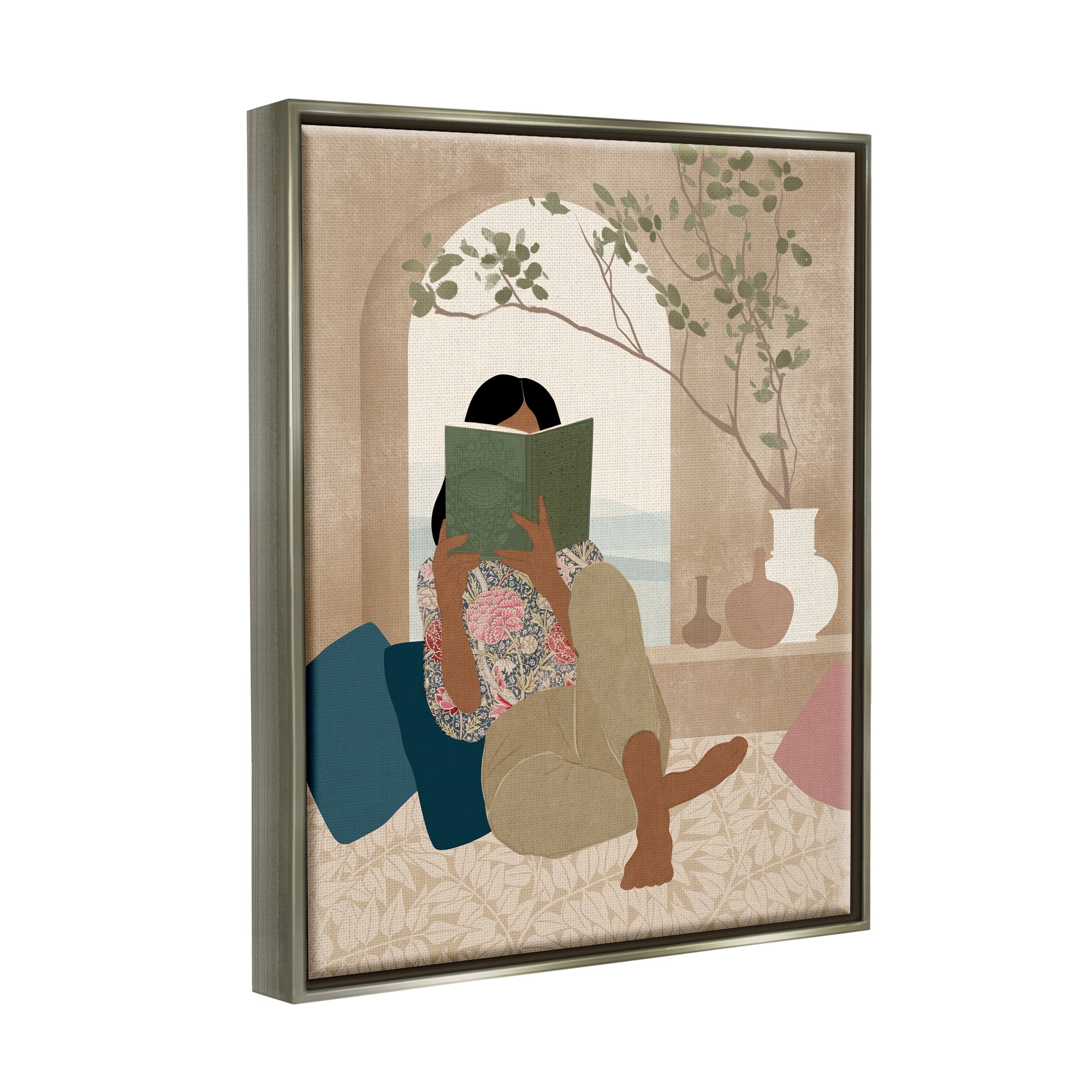 Stupell Industries Boho Girl Reading Book Botanical & Floral Painting Gray Floater Framed Art Print Wall Art, 25 x 31