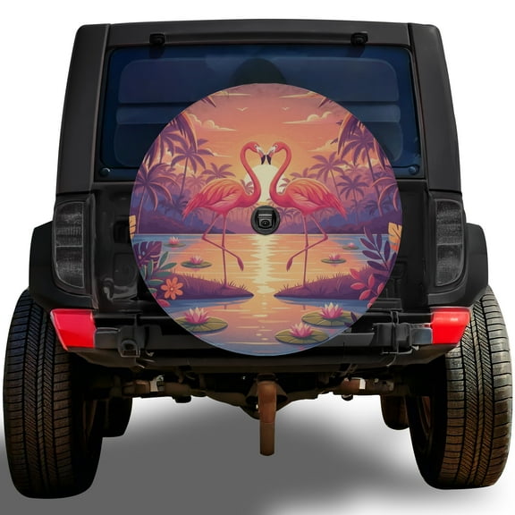 Lotusprinthandmade Cute Flamingo Couple Spare Tire Cover With Backup Camera Hole 6 Sizes (27 in.), Tropical Bird Lovers Truck Camper Decor