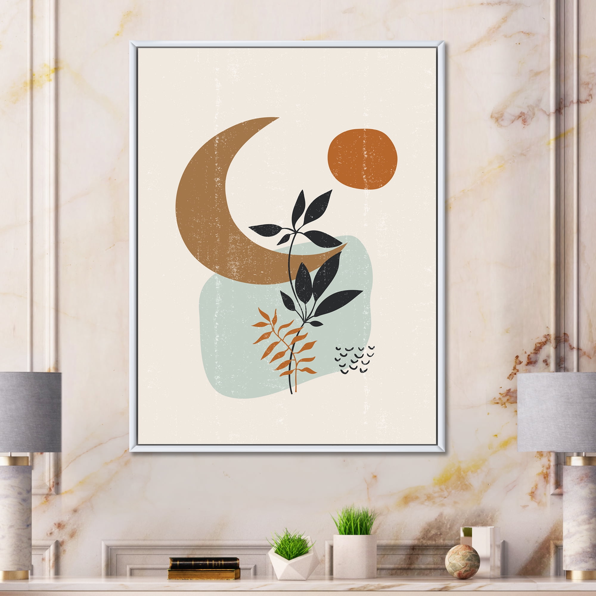 Designart 'Abstract Moon and Sun With Minimal Plants' Modern Framed Canvas Wall Art Print