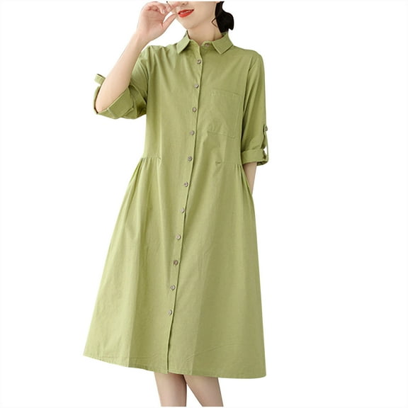 Yotami Cotton Linen Dresses for Women Summer V-Neck 3/4 Sleeve Soft Solid Color Dress for Vacation Midi Dress Green XXL