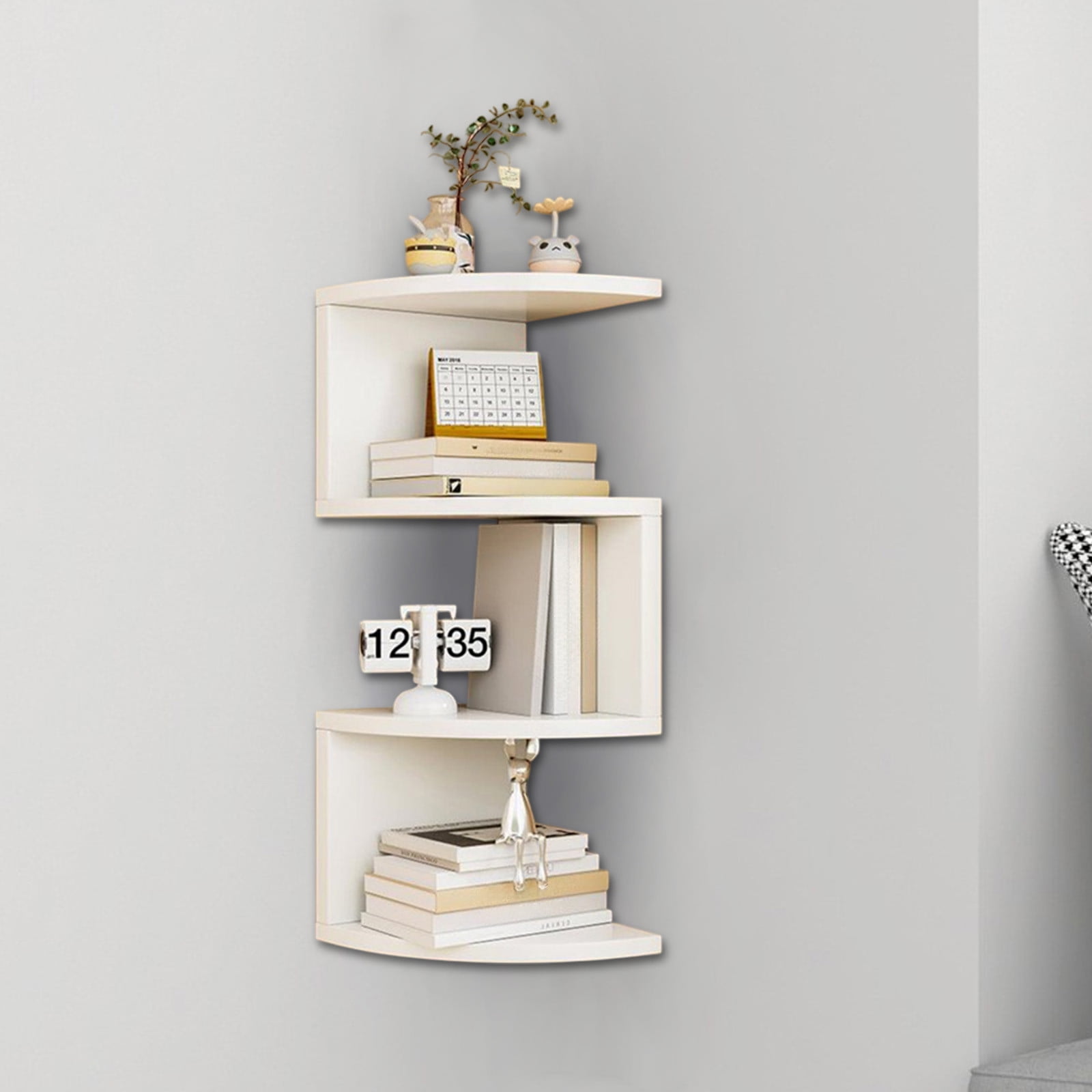 Corner Shelf Wall Mount, 4-Tier Floating Corner Bookshelf with Rounded Edge, Plant Shelf for Bedroom, Living Room, Bathroom, Home Office, White