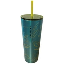 Starbucks Green Stainless Steel w Yellow Floral Design & Yellow Straw Venti 24oz