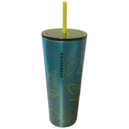 Starbucks Green Stainless Steel w Yellow Floral Design & Yellow Straw Venti 24oz