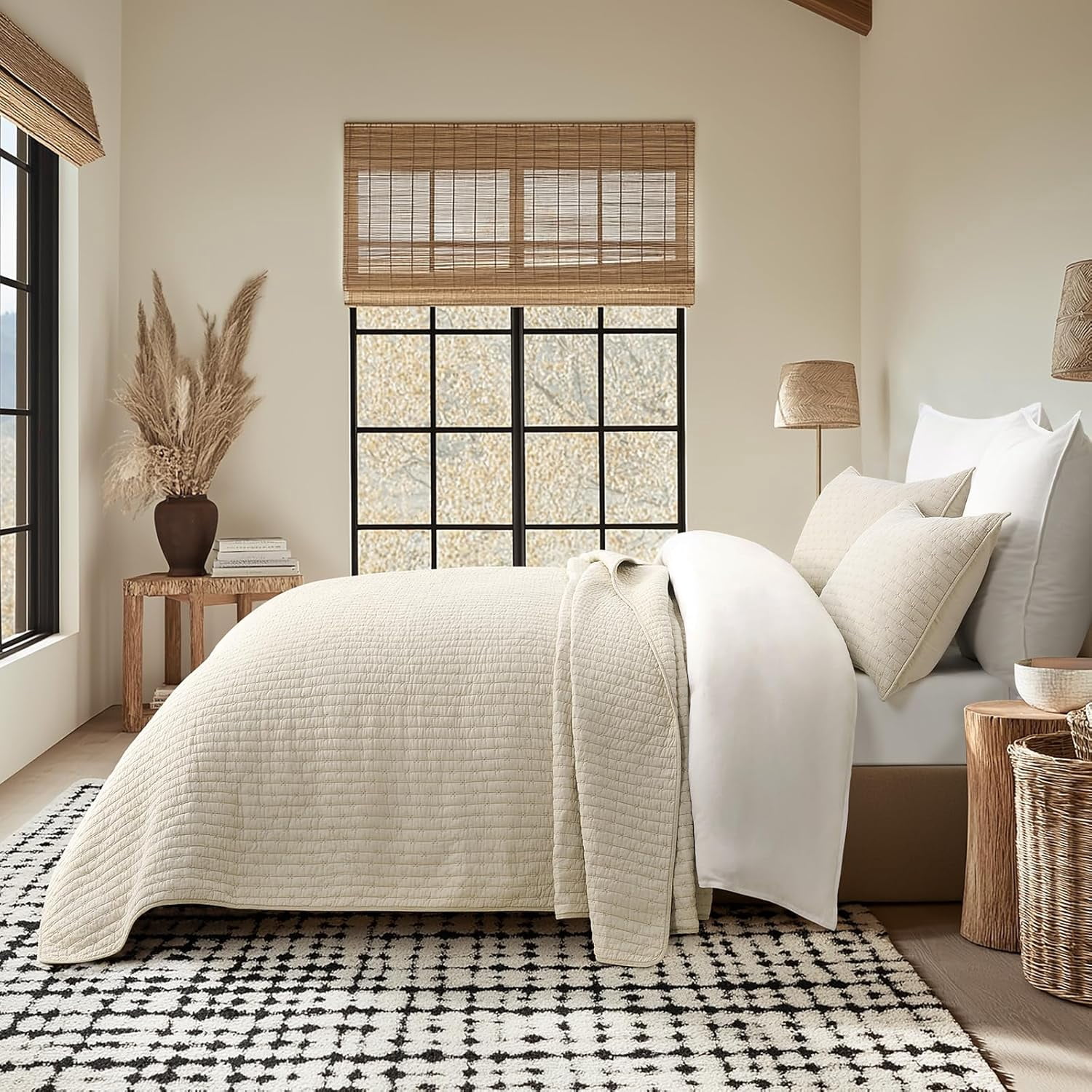 EVERGRACE Cross Stitch Pre-Washed Cotton Quilt Bedding Set King Size, Oversized 3 Pieces Lightweight Bedspread Coverlet for All Season, with 2 Matching Shams, Flax Beige,118"x106"