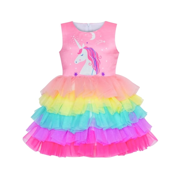 Robe Fille Rose Unicorn à Volants Jupe Gâteau Arc-en-Ciel 3 Ans