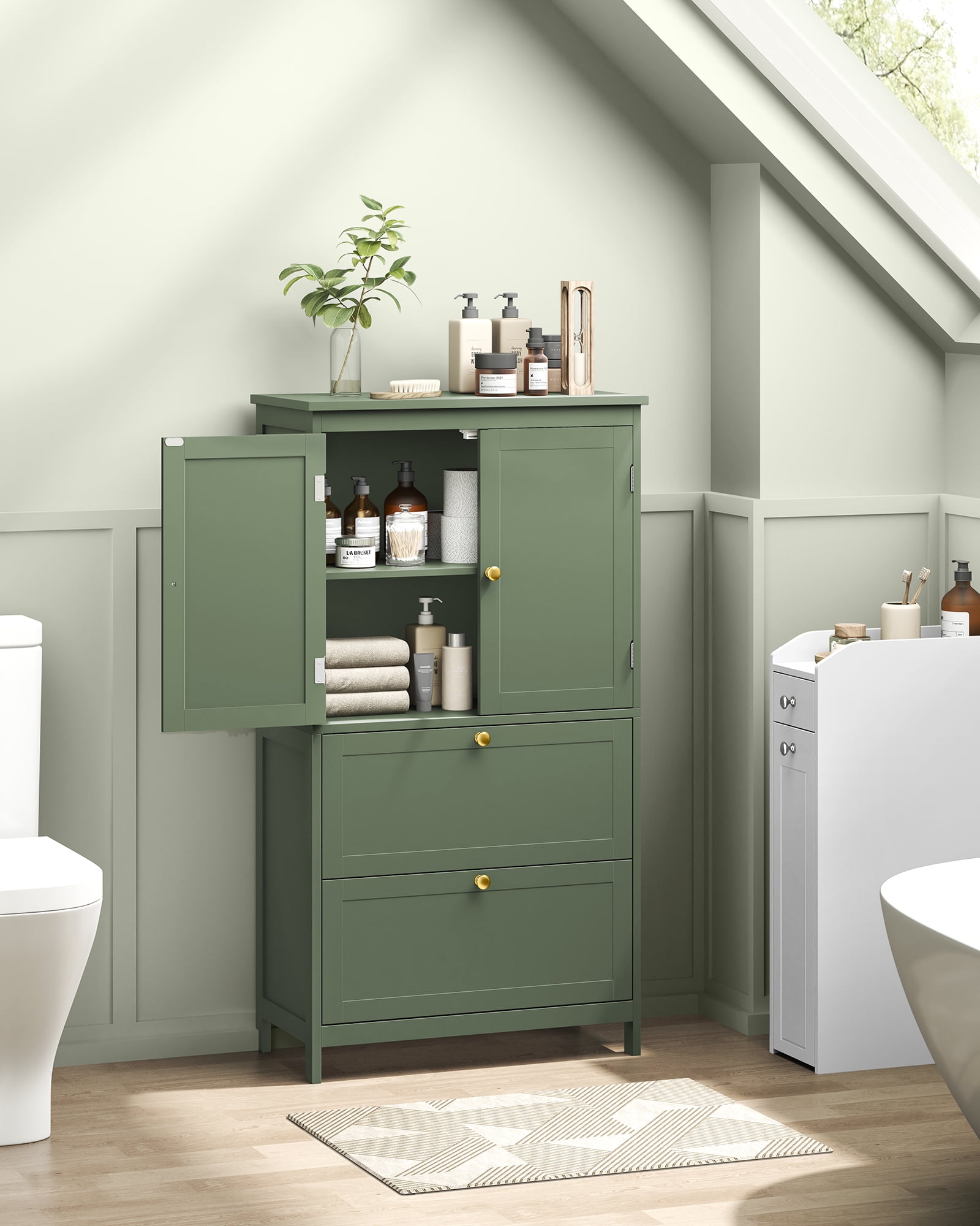 Floor Storage Cabinet,  Storage Unit, Freestanding  Cabinet with 2 Drawers and 2 Doors, Adjustable Shelf, 11.8 x 23.6 x 43.3 Inches, Forest Green