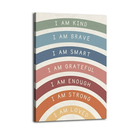 I Am Kind Brave Wall Art Poster, Boho Nursery Decor, Boho Rainbow Wall Art Decor for Kids Room Classroom Nursery Playroom Poster Wrapped Wooden Frame Wall Decor,Canvas Wall Art for Living Room,Bedroo