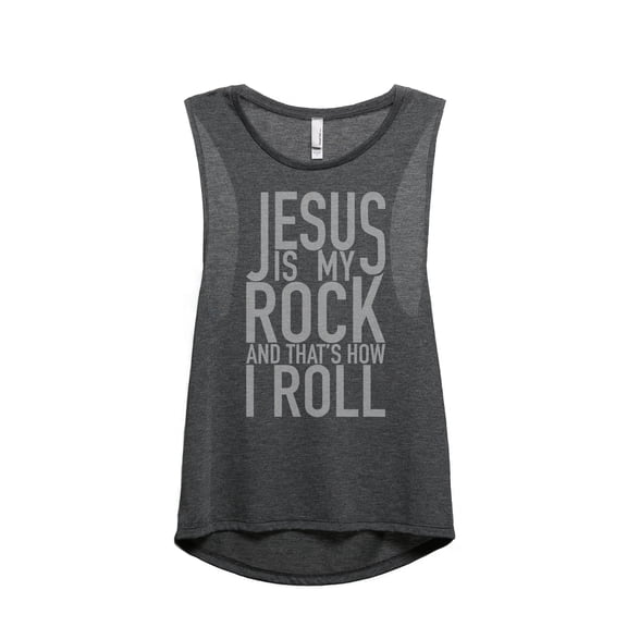 Jesus Is My Rock And That's How I Roll Women's Fashion Sleeveless Muscle Workout Yoga Tank Top Charcoal Grey 2X-Large