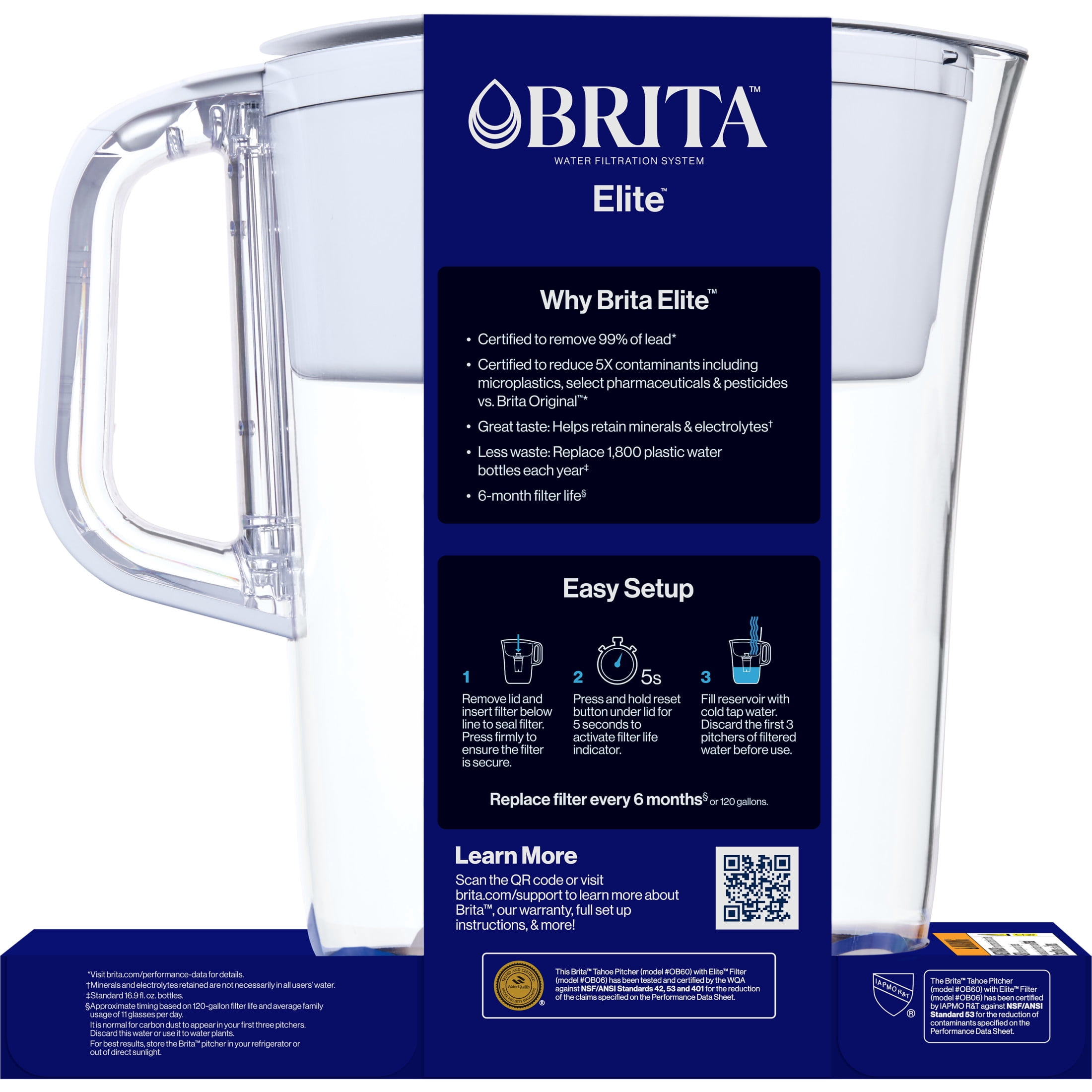 Brita 10 Cup Large Plastic Water Filter Pitcher, White, BPA Free with 1 Elite Brita Filter