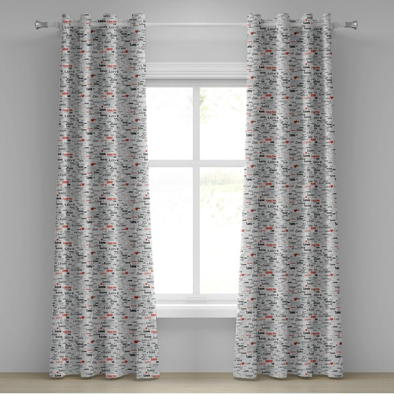 Ambesonne Love Grommet Curtain, Calligraphy Hearts Stars, 50" x 108", Grey Black Red