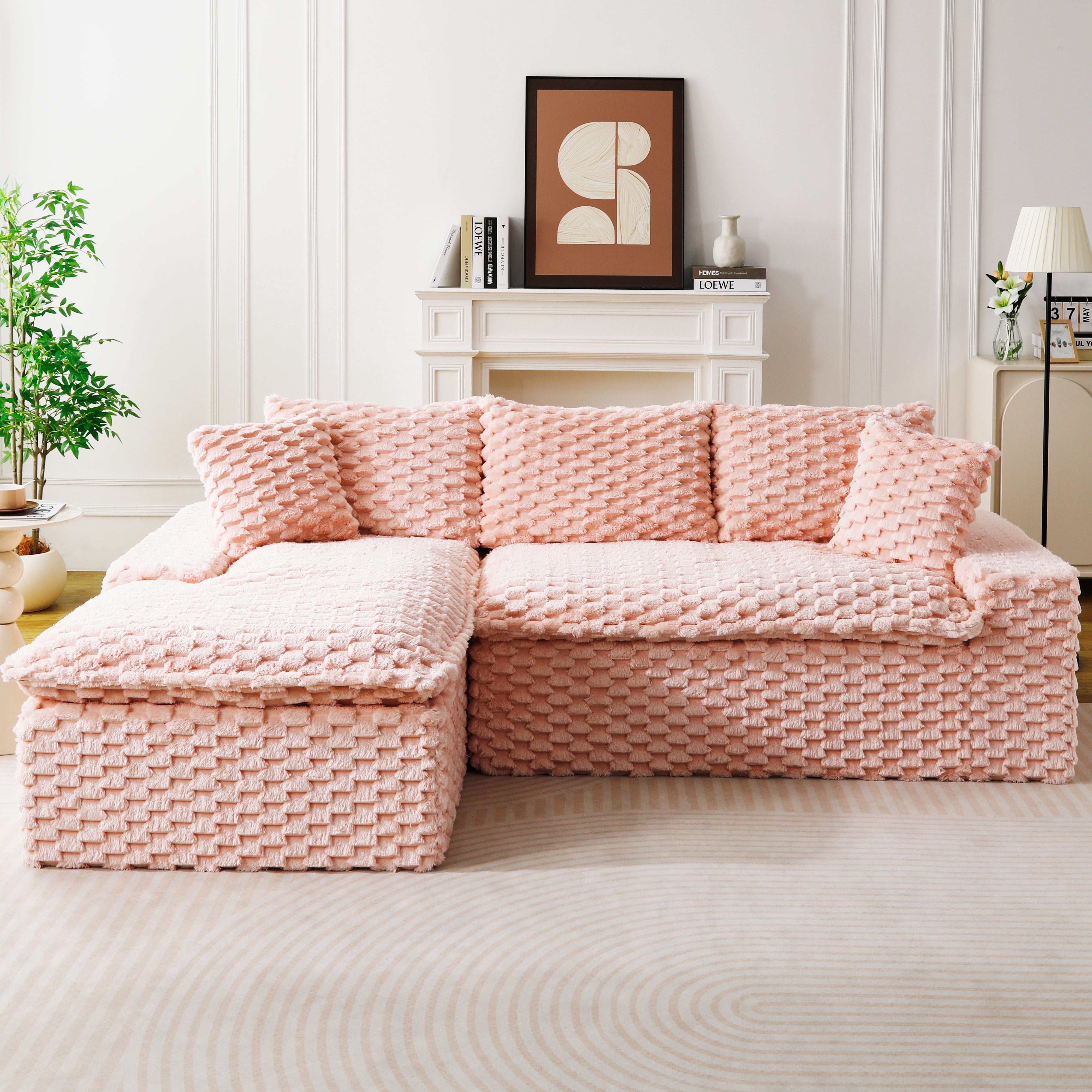 HOQBN 96"W Modular Sectional Sofa,L Shape Modern Corduroy Cloud Couch,Upholstered Deep Seat Boneless Sofa Couch with Left Chaise Lounge for Living Rooms,No Assembly Required,Pink