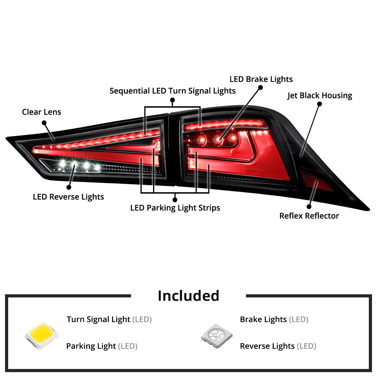 Spec-D Tuning Jet Black Full LED Tail Lights w/ Sequential Turn Signals Compatible with 2014-2017 Lexus IS250 / IS350, Left + Right Pair Assembly