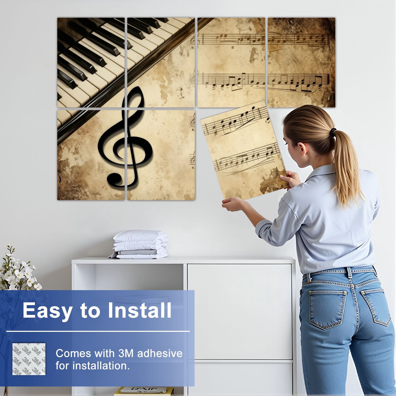 Musical 8 Pack Art Acoustic Panels Sound Absorbing Vintage Piano Keyboard Musical Notes Treble Clef Aged Sheet Decorative Soundproof Wall Panels Self Adhesive for Game Room Music Classroom 48"x32"