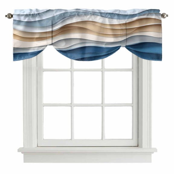 Beige Blue Ombre Tie Up Valance Curtains for Windows, Kitchen Curtains Window Shades, Moire Abstract Artwork Light Filtering Roman Curtain Valances for Bedroom/Bathroom/Cafe 60"x18"