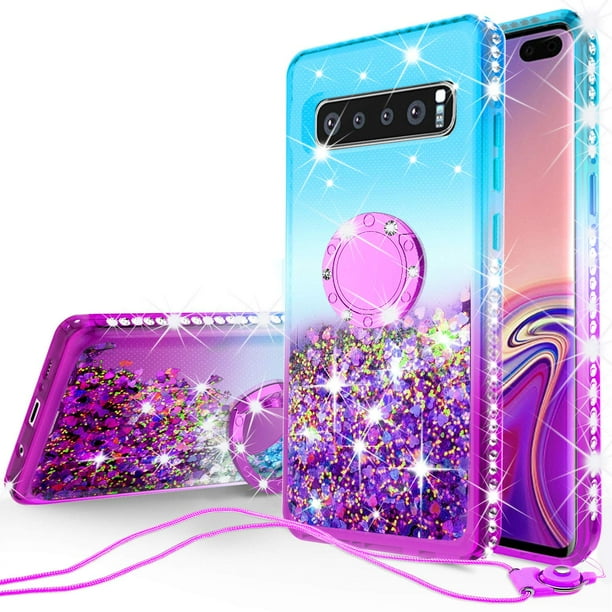 For Samsung Galaxy S10 Case,Ring Stand Glitter Liquid Quicksand Waterfall Floating Sparkle Shiny