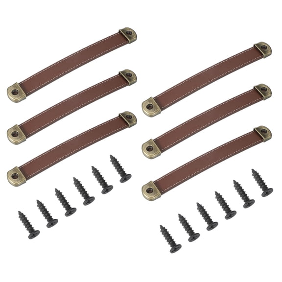 Uxcell 7" Leather Drawer Pulls with Iron Sheet, 6 Pcs Leather Strap Trunk Handle Knobs with 18mm Screws, Yellow