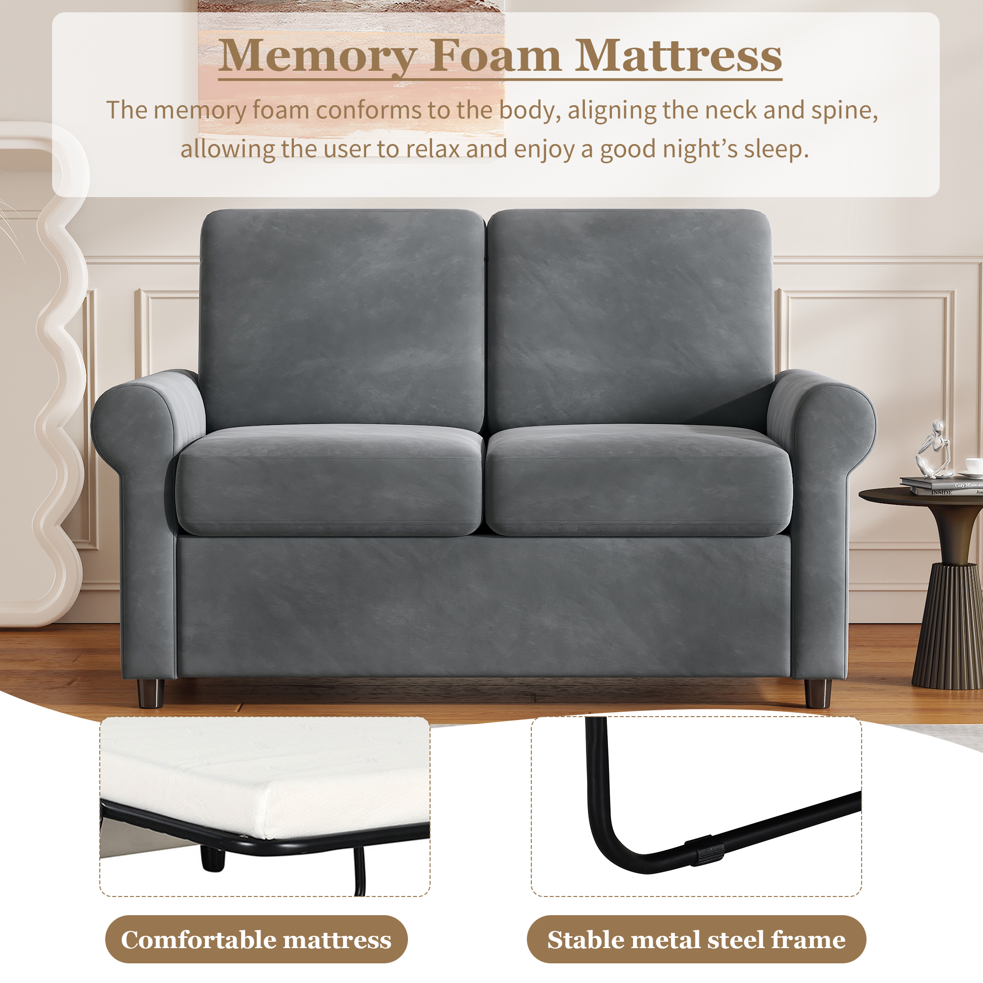 EUROCO 500LBS 57.4" Pull Out Sofa Bed,Twin Sleeper Sofa Couch with Mattress Pad,Large Sofa Sleeper Pullout Couch Bed with 2 USB Ports for Living Room Office
