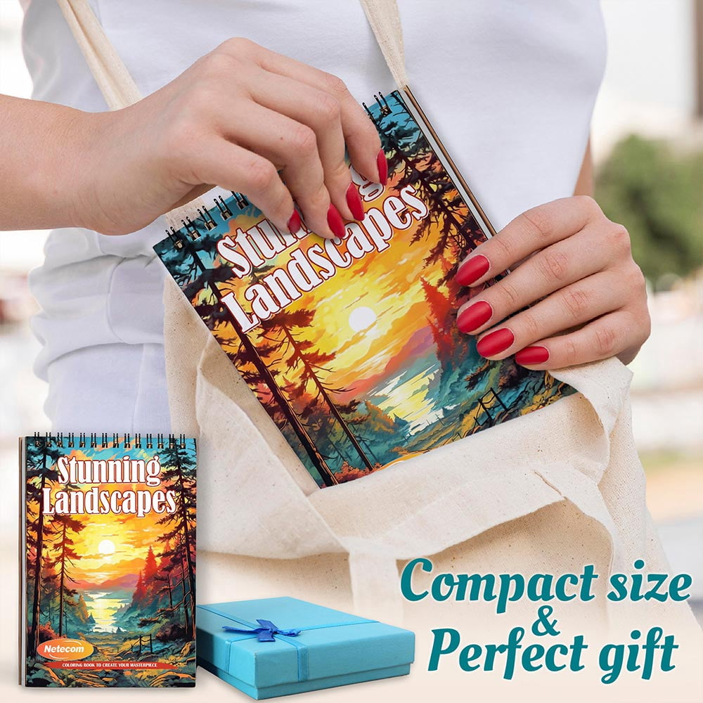 Stunning Landscapes Coloring Book Spiral Bound For Adults, A5 Wooden Cover, 30 Serene Coloring Pages of Gorgeous Outdoor Scenes for Stress Relief and Relaxation