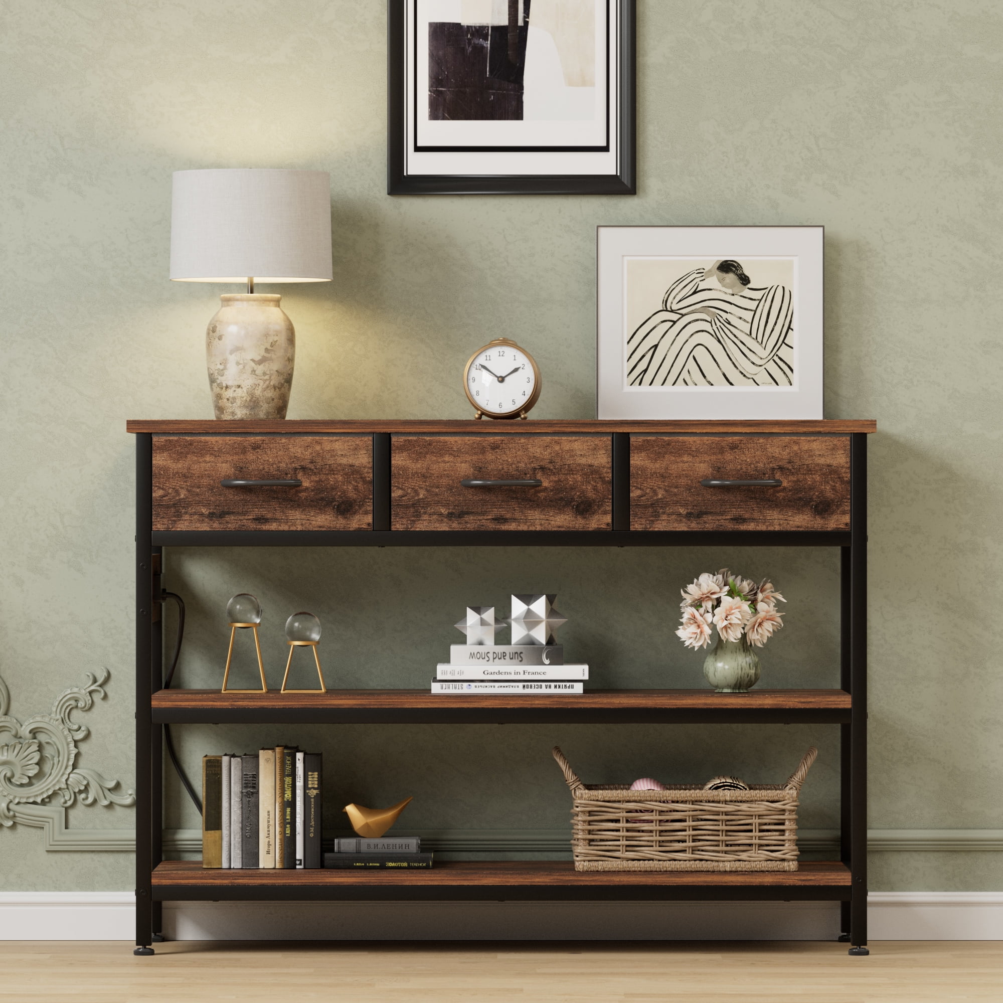 Aufeile 43" Narrow Console Table, Entryway Table with 3 Drawers and Outlets, Fabirc Sofa Table with Open Shelves for Couch, Hallway, Foyer, Living Room, Brown