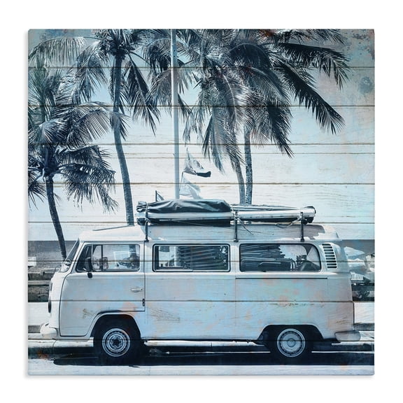 Stupell Industries Traditional Blue Tinted Retro Van By the Beach Planked Look Canvas Art, 24 x 24, by Kim Allen