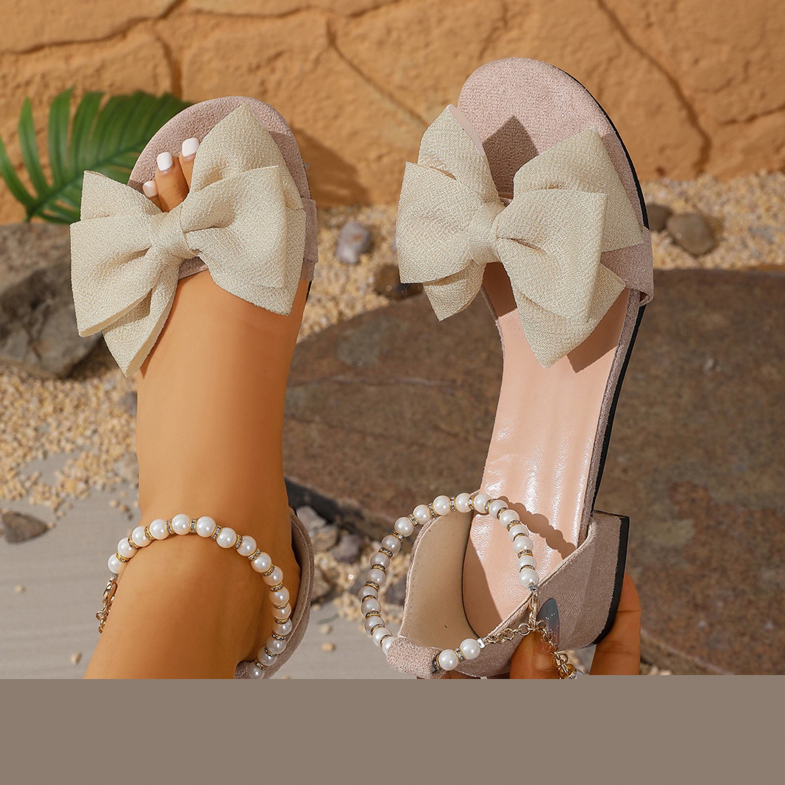 thumbnail image 4 of Women's Fashionable Comfortable Plus Size Low Heel Sandals-Solid Color Bow Round Toe Pearl Chain Buckle Beige 36, 4 of 9
