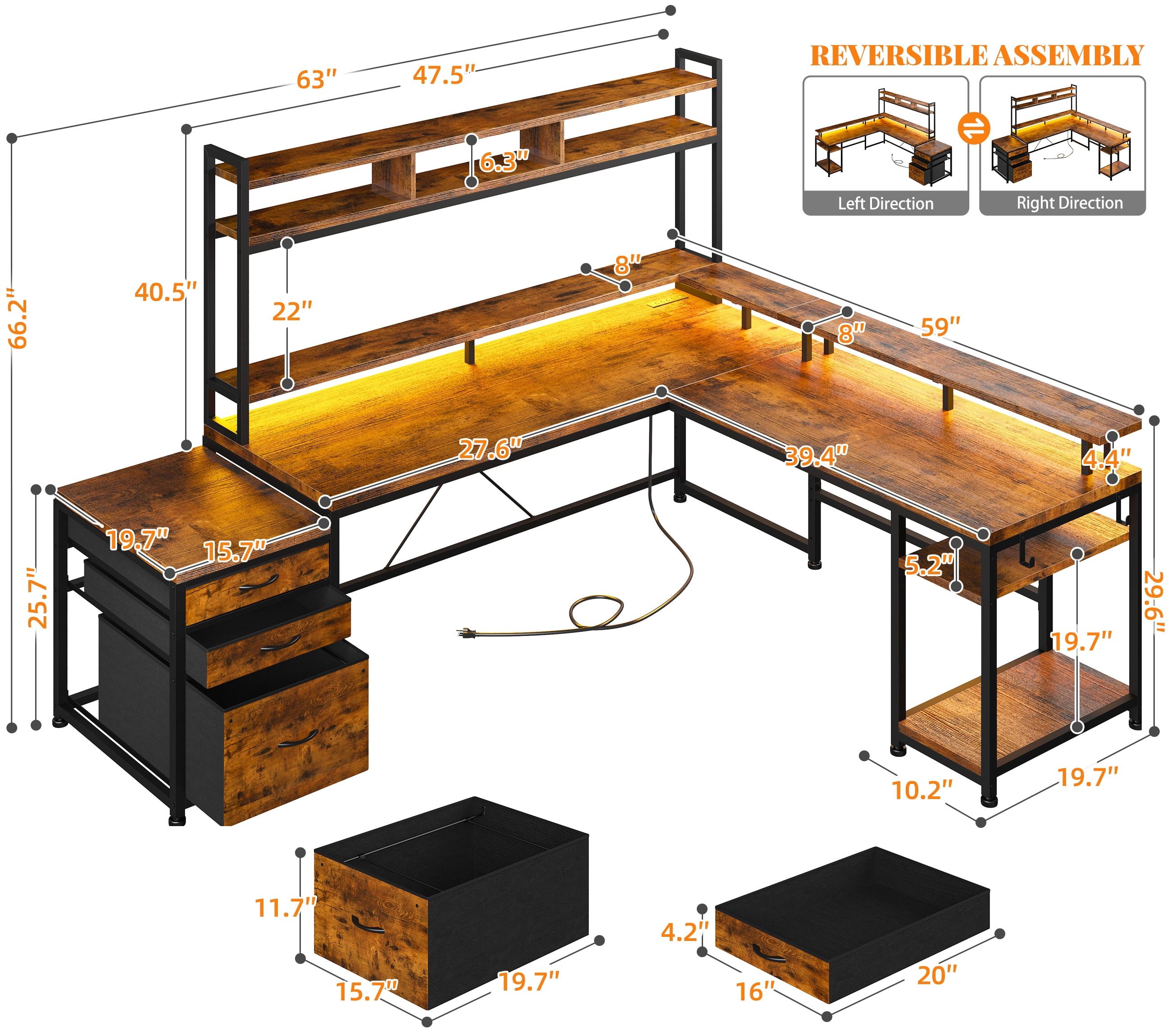 EnHomee 63" L Shaped Desk with Power Outlet & LED Lights Reversible Computer Desk for Home Office Rustic Brown
