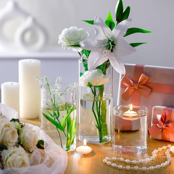 12 Pack Glass Cylinder Vases with Floating Candles - Clear Centerpiece Holders for Home Wedding Decoration - 3 Sizes Mixed Set with White Candles