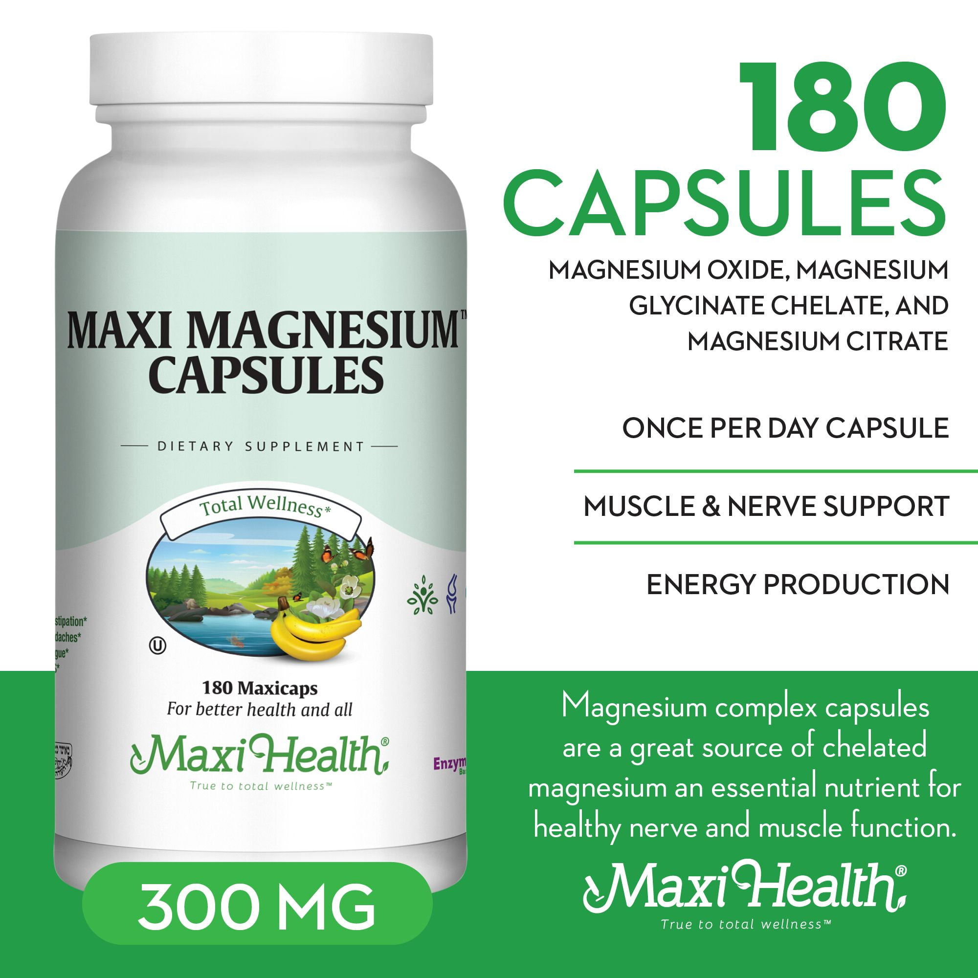 Maxi Health Magnesium Capsules – Energy, Muscle & Nerve Support, Bone Health – 180 Count