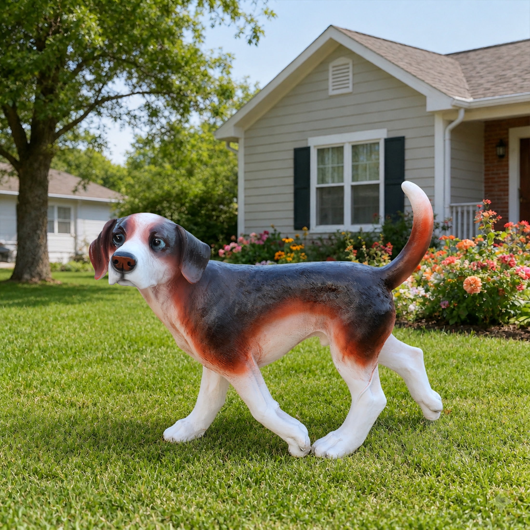 Noble House Lifelike Walking Beagle Dog Statue, Realistic Resin Animal Figurine for Outdoor Garden Decor, Multicolor