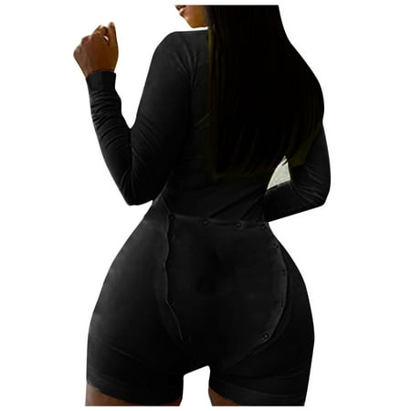 

qucoqpe Women s Long Sleeve Plus Size Onesies Pajamas Shorts Jumpsuit Solid Sexy V Neck Fleece Warm Thermal Underwear Adults One Piece Bodycon Rompers