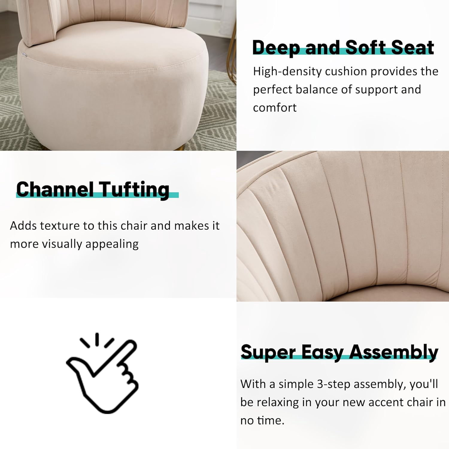 Aukfa 360-Degree Swivel Barrel Chair, Modern Velvet Round Accent Chair for Nursery and Living Room, Beige