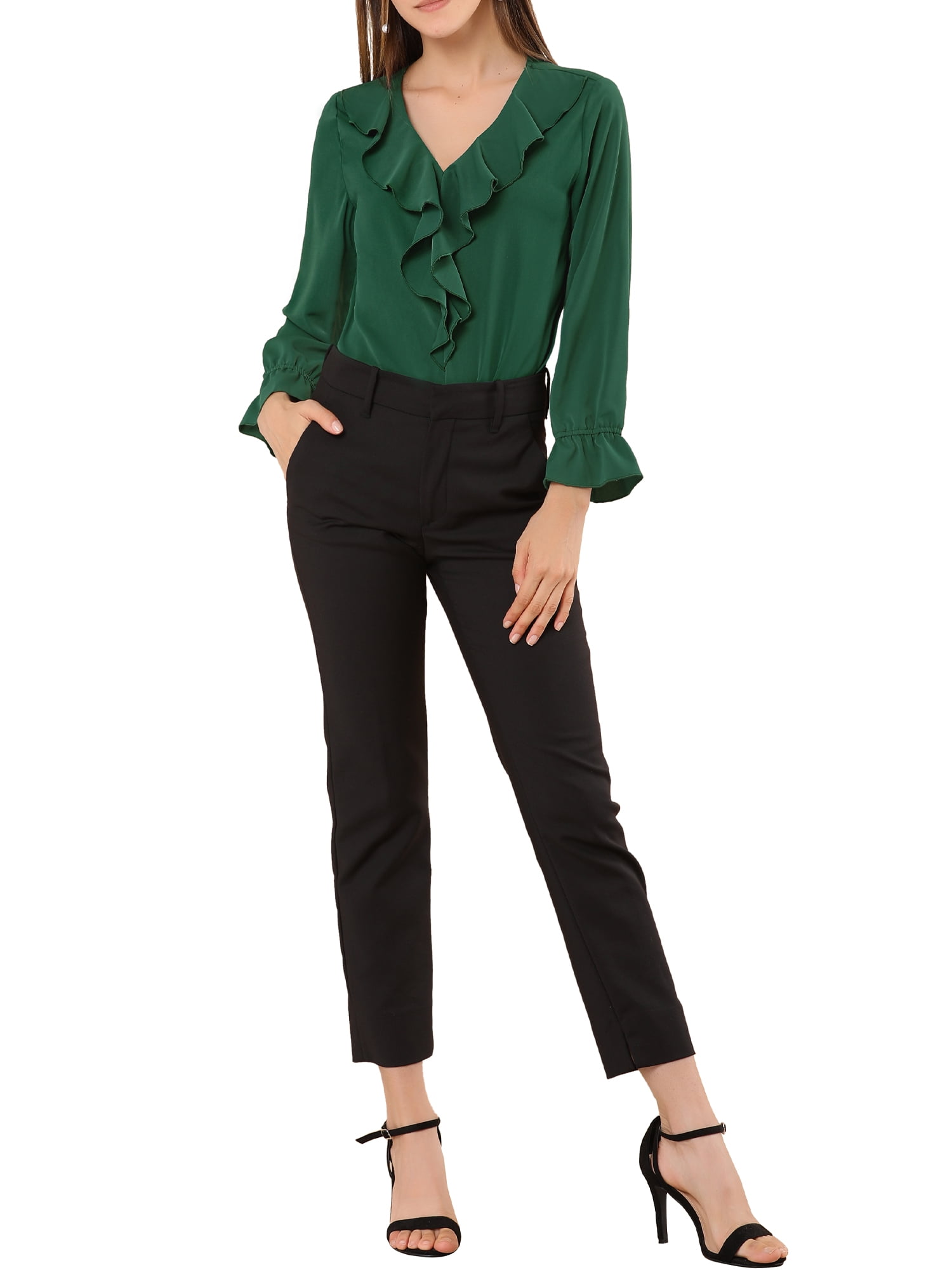 DARING DIVA Women's Ruffle V Neck Chiffon Peasant Blouse XL Green