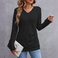 thumbnail image 2 of Women's V Neck Long Sleeve Tunic Tops Side Ruched Solid Loose Lightweight Basic T Shirts Dressy Casual Blouse Tops Fashion Outfits Black, 2 of 5