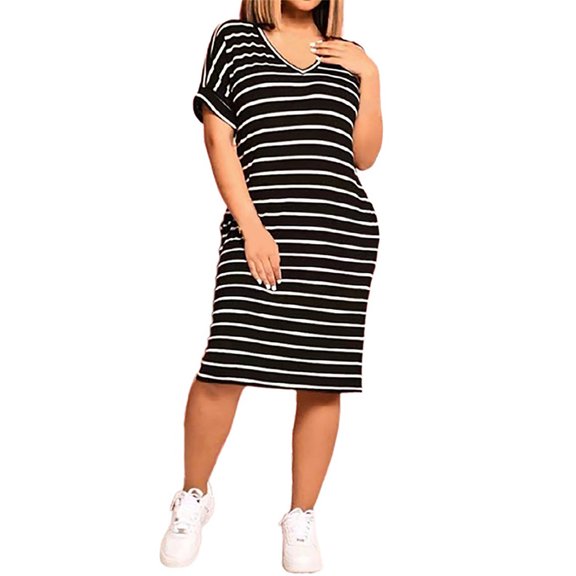 Henpk Summer Dresses for Women Striped T Shirt Dress Casual Midi Dress Short Sleeve Sundress with Pockets Woman V-Neck Striped Straight Loose Fashion Short Sleeve Casual Dress Black XXL