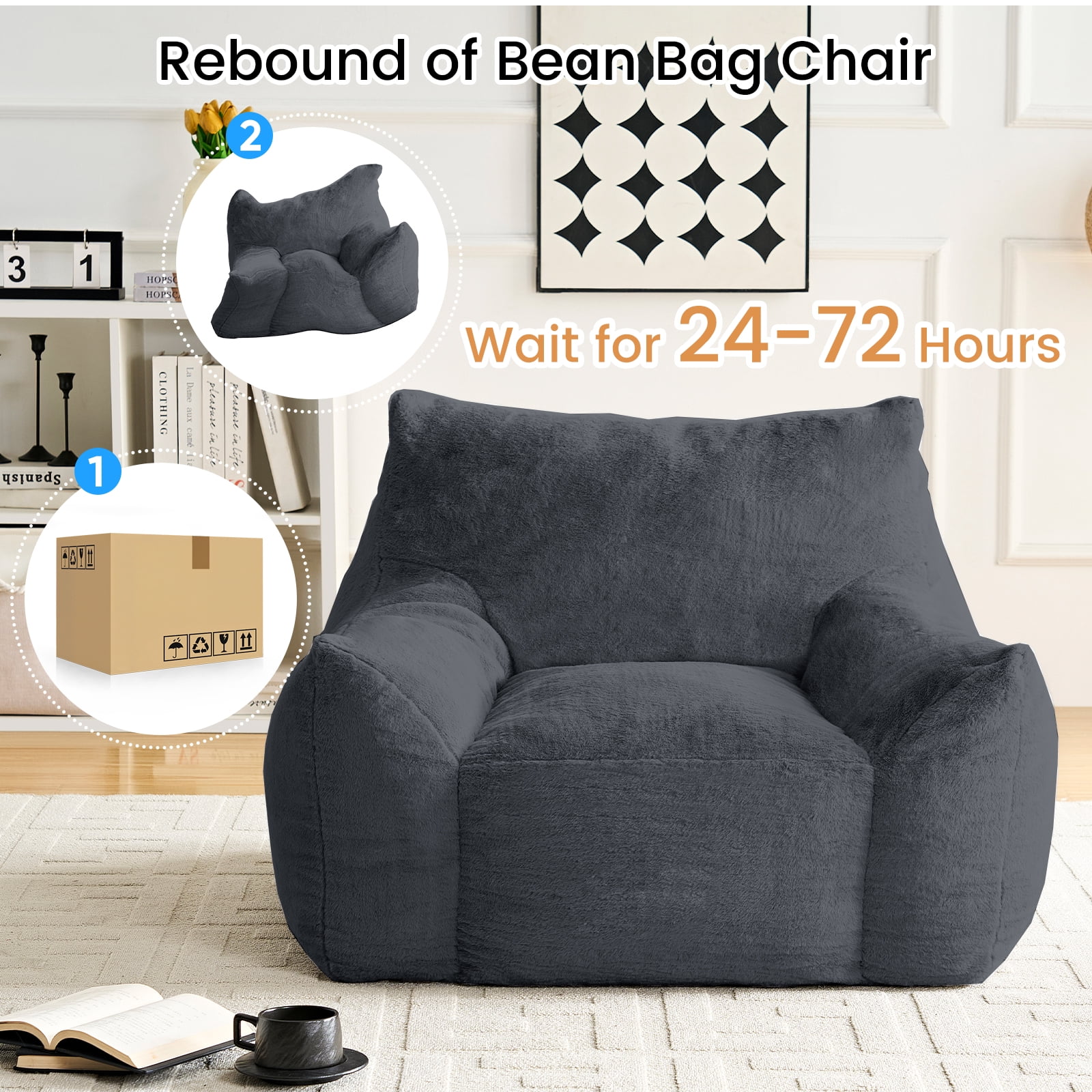BALUS 42" Faux Fur Bean Bag Chair with 23" Ottoman and Armrests, Bean Bag Chair for Adults, Comfy Chair with Armrests for Bedroom, Dark Gray