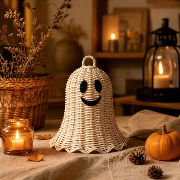 Cififendec Halloween Artificial Rattan Ghost Ornament, 7.8"×7", Cute Ghost Figurine with Top Hanging Loop for Rustic Tabletop and Wall Hanging Styling