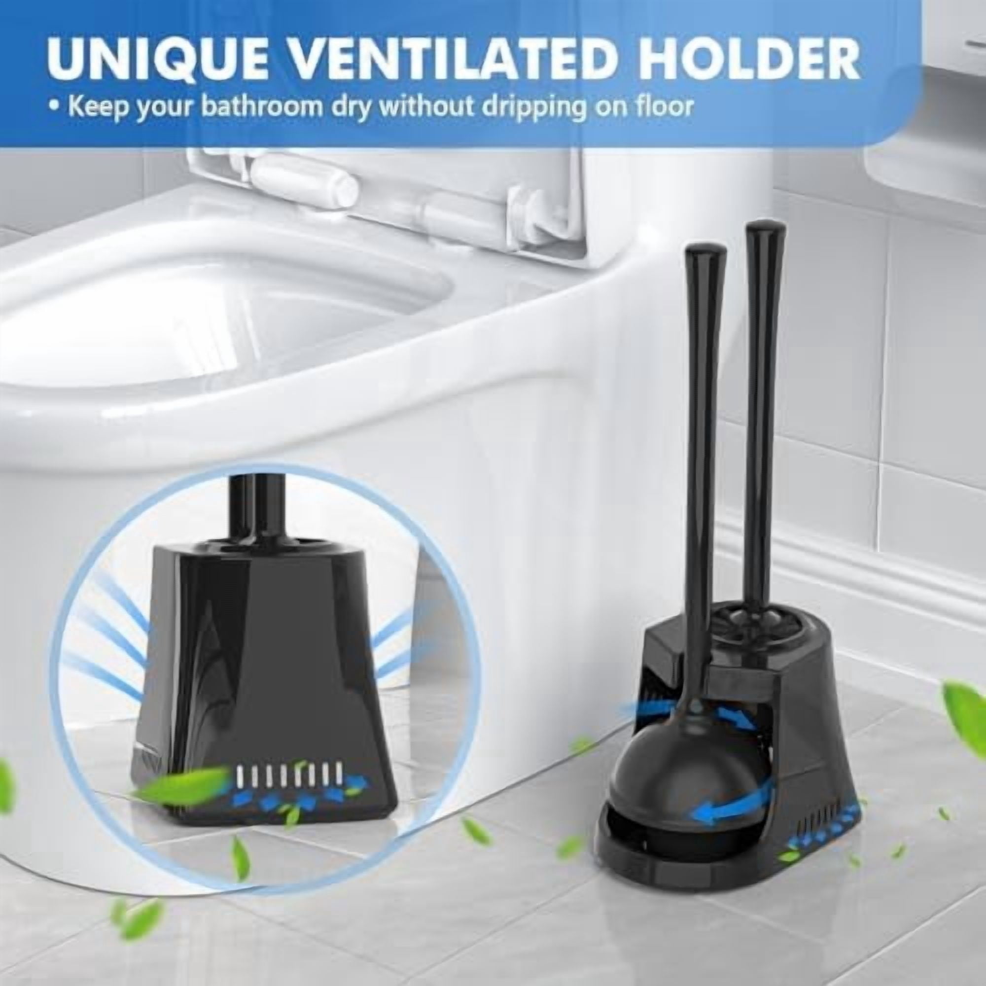 Toilet Plunger and Brush, Bowl Brush and Heavy Duty Toilet Plunger Set with Ventilated Holder, 2-in-1 Toilet Brush and Plunger Combo for Bathroom Cleaning (2, Black)