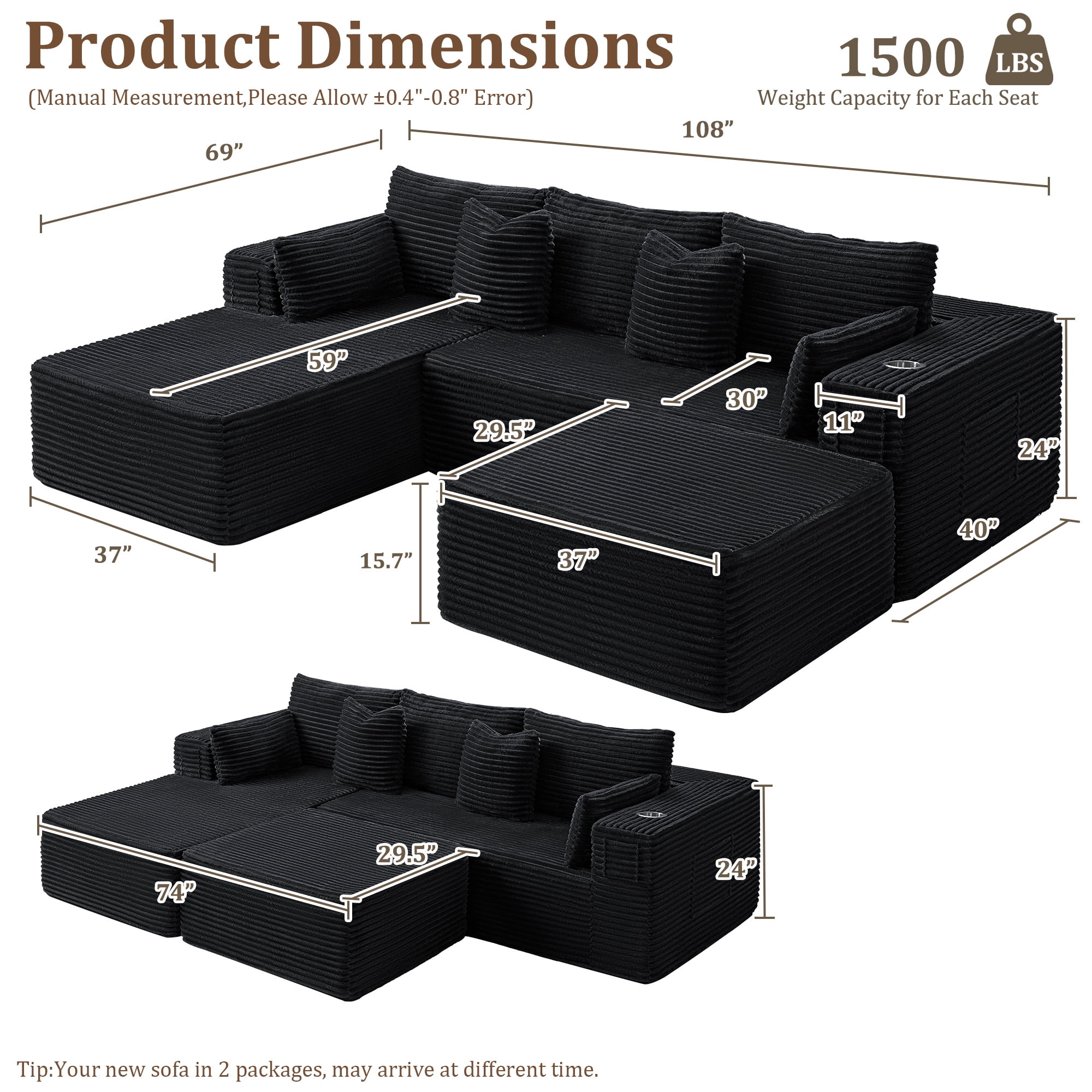 3 Seats Boneless Modular Cloud Sectional Sofa with Chaise & Ottoman, Extra-Wide Deep Seats Plush Corduroy Sleeper Soft Couch for Modern Living Rooms, Small Spaces & Apartments Black 108"-U Shape Left