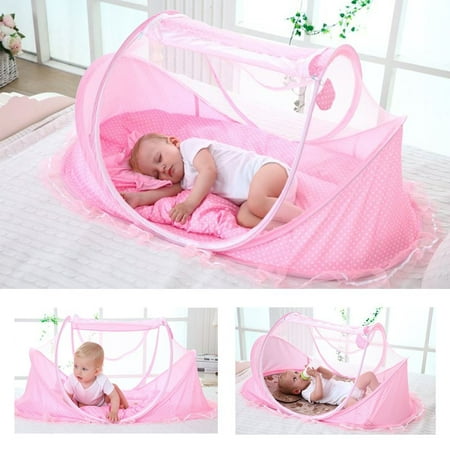 Baby Travel Bed - Foldable Zippered Baby Mosquito Net Soft Crib Portable Large Baby Camp Tent Pop Up Folding Beach Tent Mosquito Net for 0-18 Month Baby,Pink
