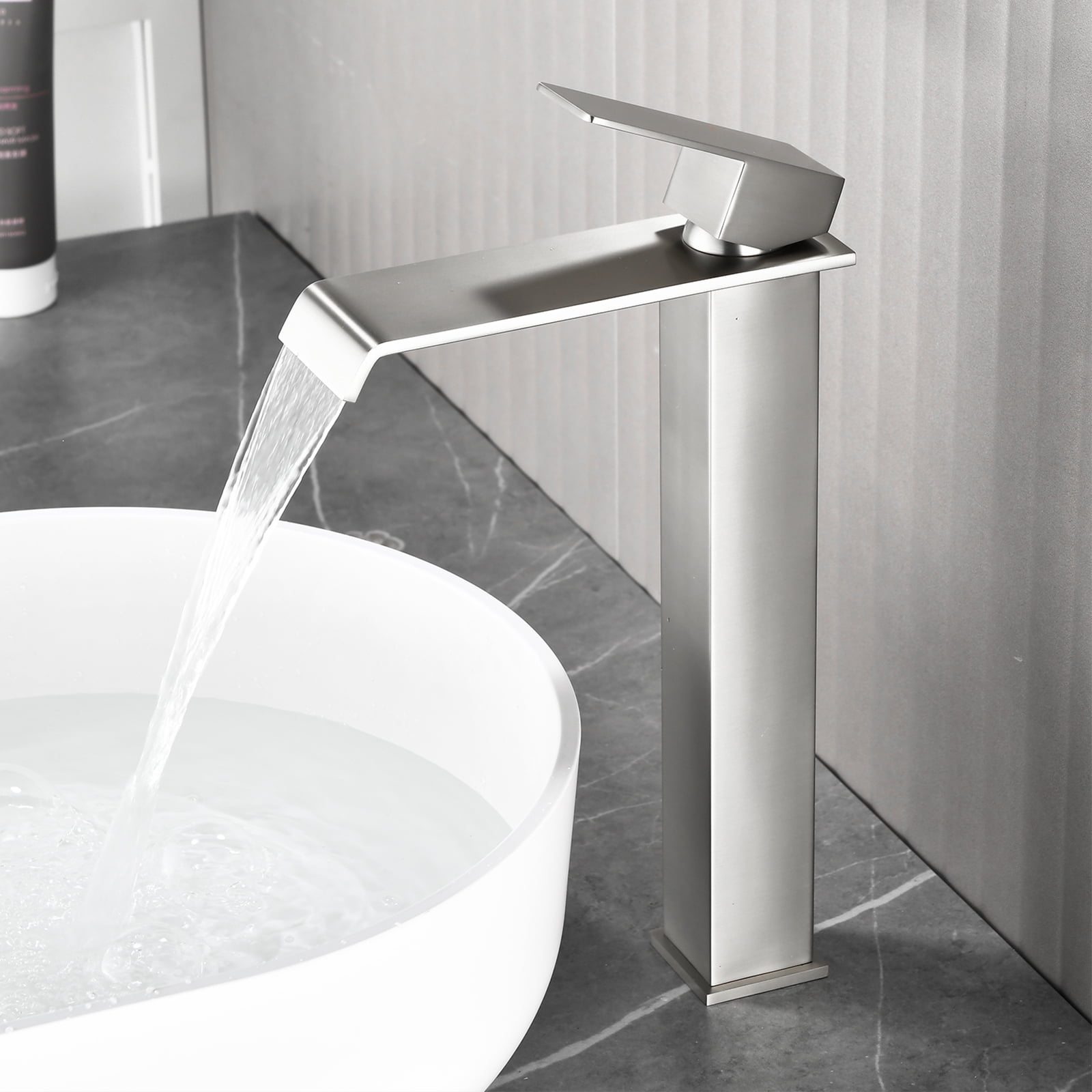 Cobbe Bathroom Vessel Sink Faucet Single-Handle with Waterfall Spout and Pop-Up Drain Single-Hole Installation Brushed Nickel