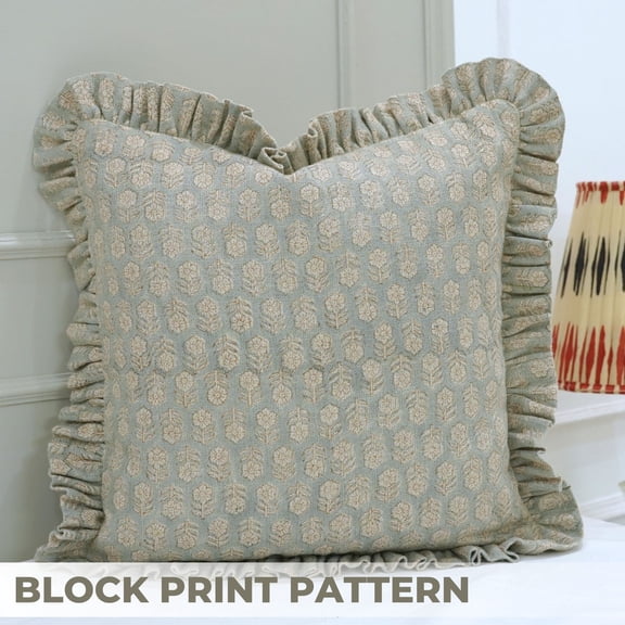 Fabdivine Floral Block Print Boho Decorative Linen Frill Throw Pillow Cover, Handblock Printed Cushion Cover for Sofa , 26"X26", Blue