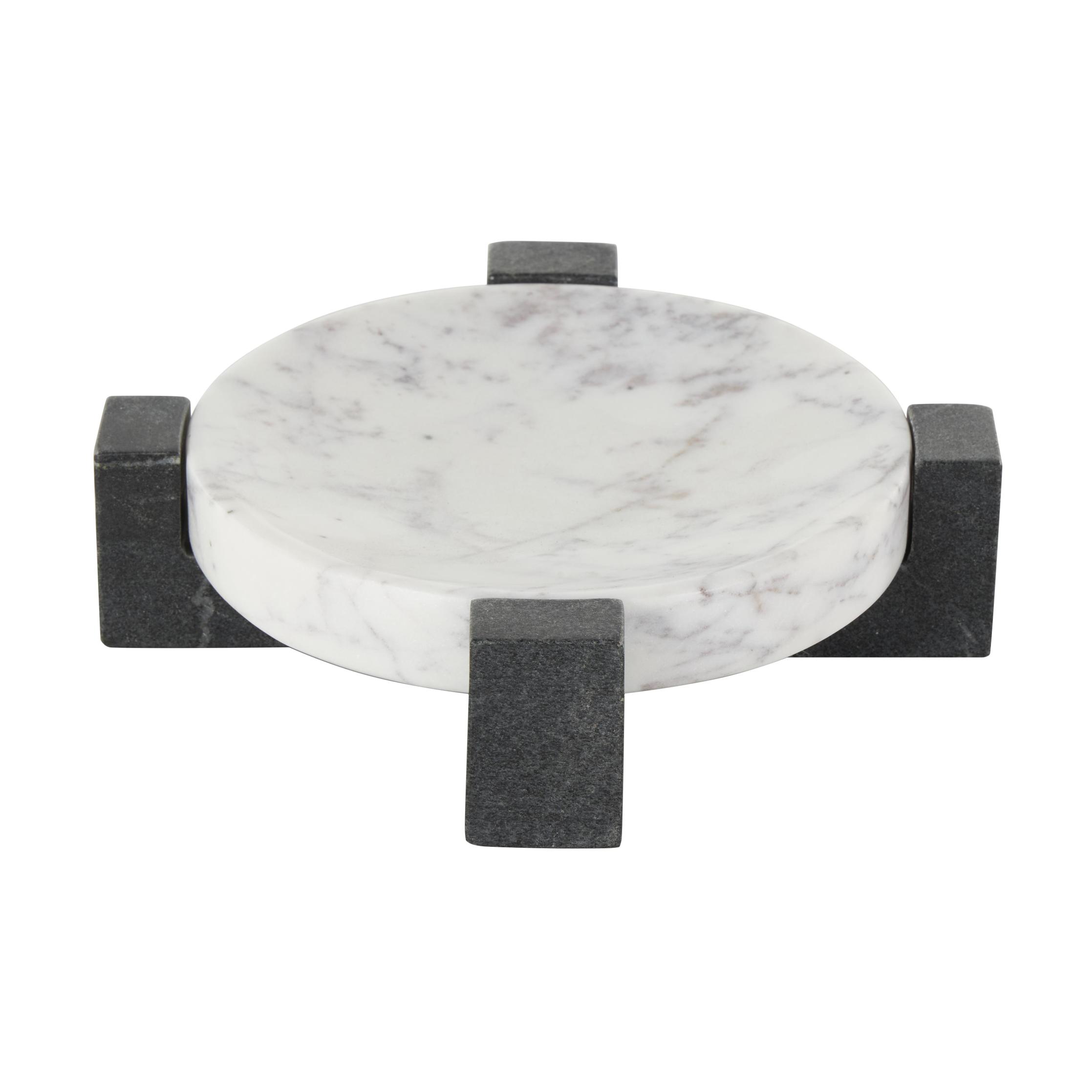 DecMode 8" x 8" White Marble Round Geometric Tray with Black X-Shaped Base, 1-Piece