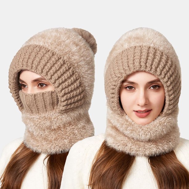 Pasamontañas de invierno 3 en 1 con forro polar, bufanda y mascarilla | Tejido resistente al viento y cálido para mujer