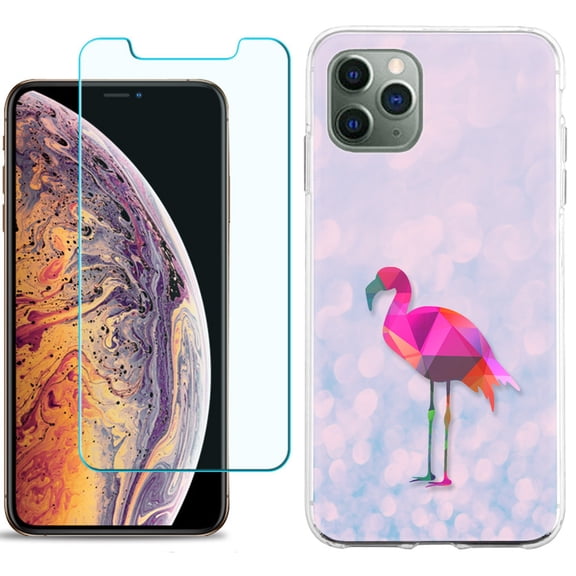 For Apple iPhone 11 Pro Case , Slim-Fit TPU Protective Phone Case with Tempered Glass Screen Protector, by OneToughShield ® - Flamingo / Polygon