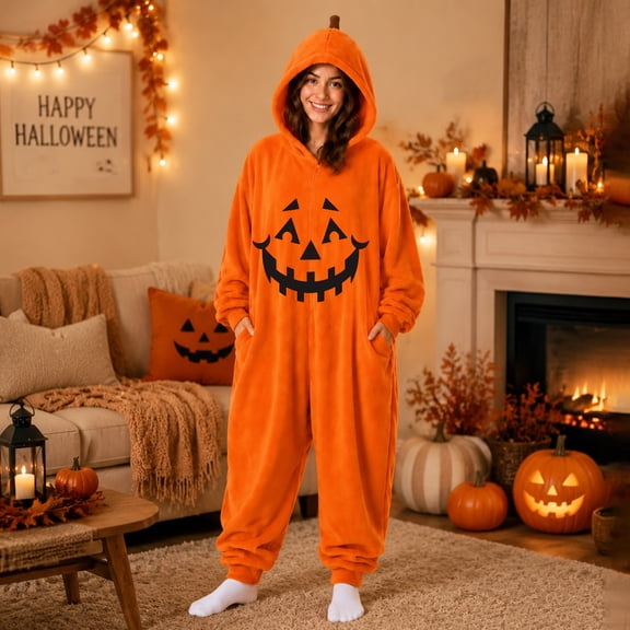 Halloween Onesie Pajamas Adult Pumpkin Onesie Pajamas Halloween Costume Pajamas Adults Hooded Jumpsuit Sleepwear One Piece Union Suit Kigurumi Outfit Soft Cozy Lounge Wear for Holiday Party