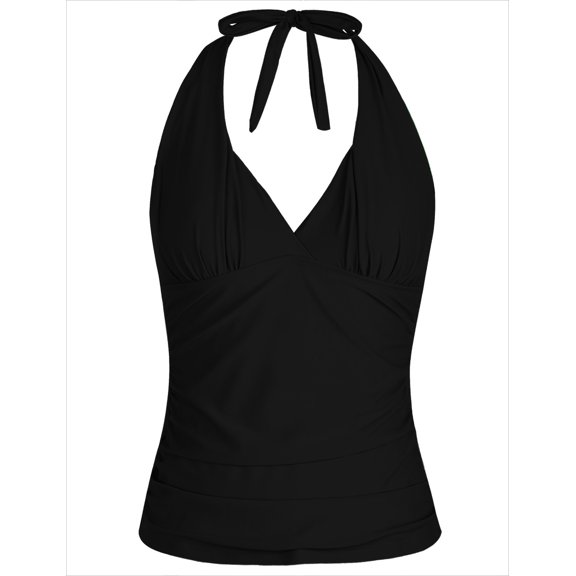 Hilor Womens Swimsuit Top Plunging V Neck Halter Swim Tops Shirred Tummy Control Tankini Top