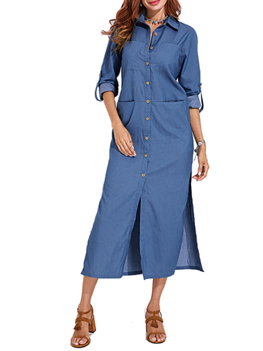denim maxi shirt dress