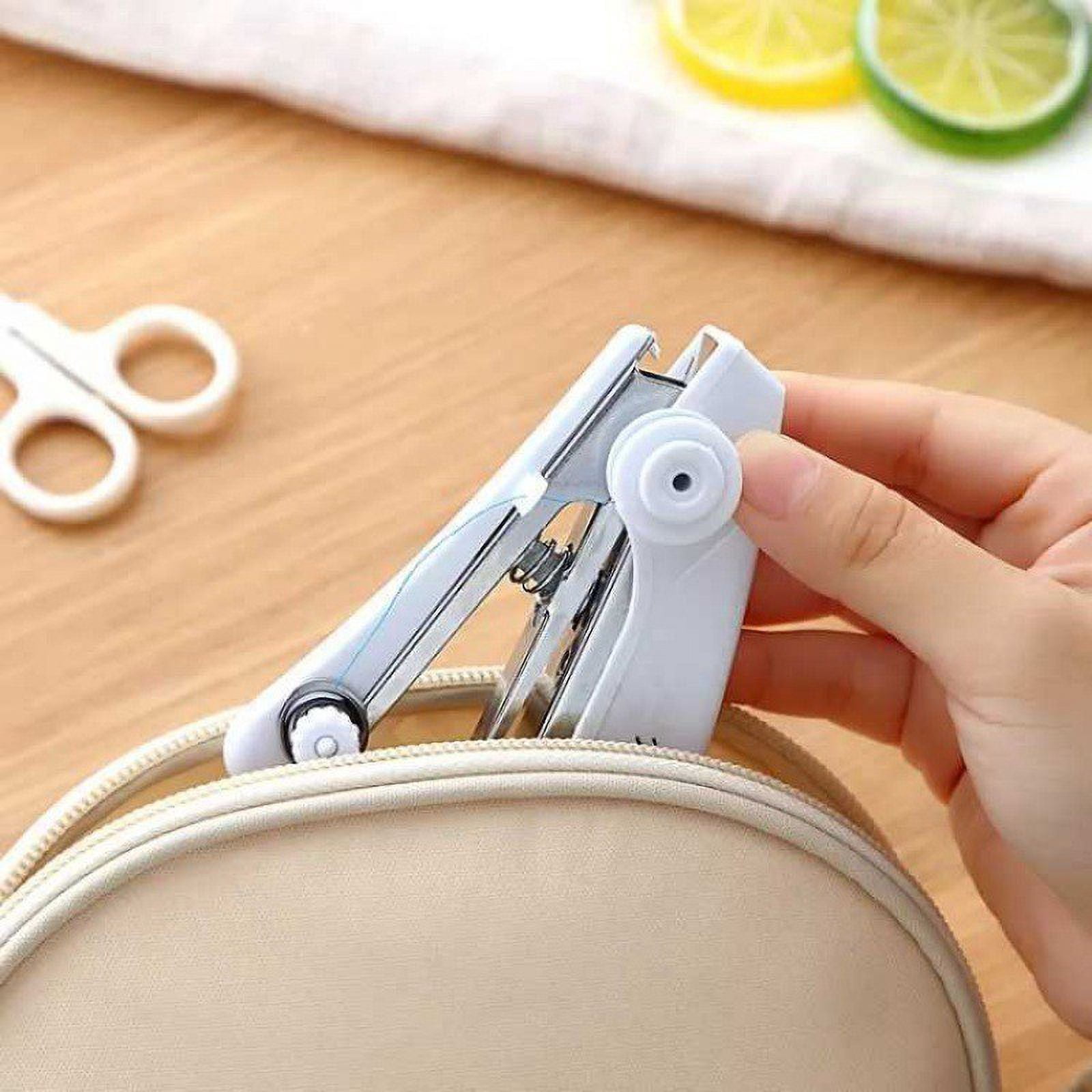 White Spring come Handheld Mini Sewing Machine, Portable Manual Pocket Stitch Tool, Compact Lightweight Sewing Device for Clothing Repair, Home DIY Crafts, Travel Emergency Fabric Mending