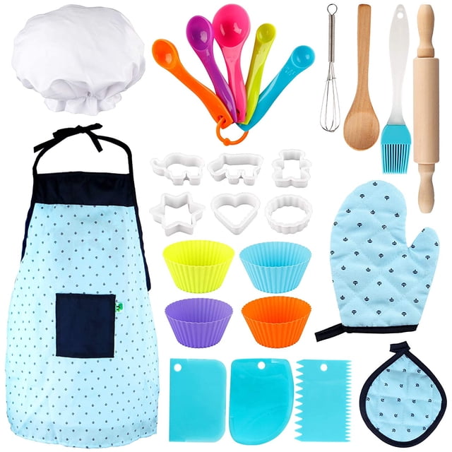 Juego básico de cocina y horneado para niños, 26 piezas Juegos de horneado para niños con gorro de chef para niños y delantal para niñas y niños Traje de chef WD.WDQZL Hogar