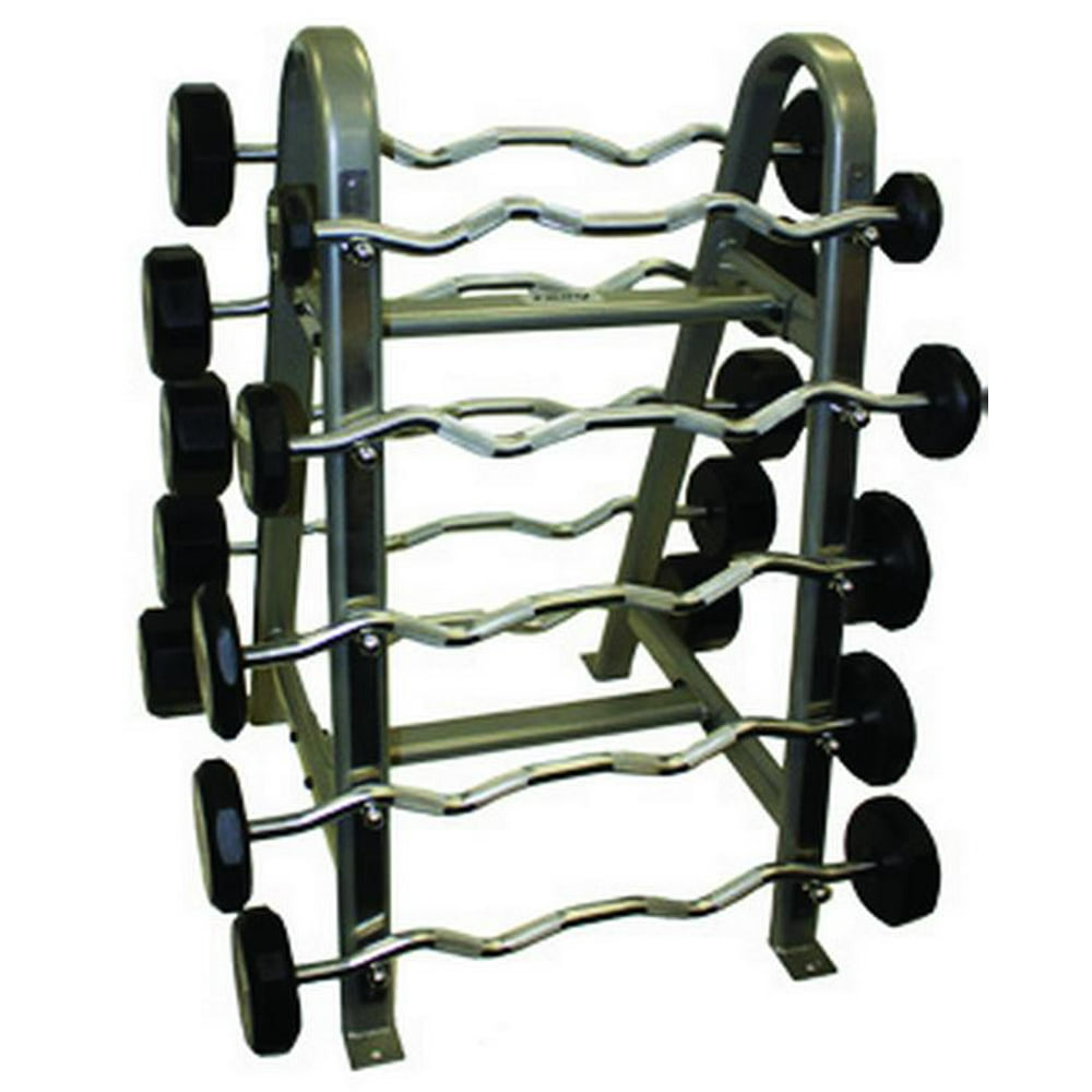 Urethane Curl Barbells 20lbs 110lbs Set on Horizontal Barbell Rack